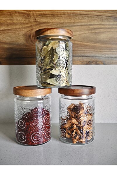 Suo Home & Kitchen Acacia Lid 3-Piece Glass Storage Container Set – Vacuum Lid, Patterned Round Jar