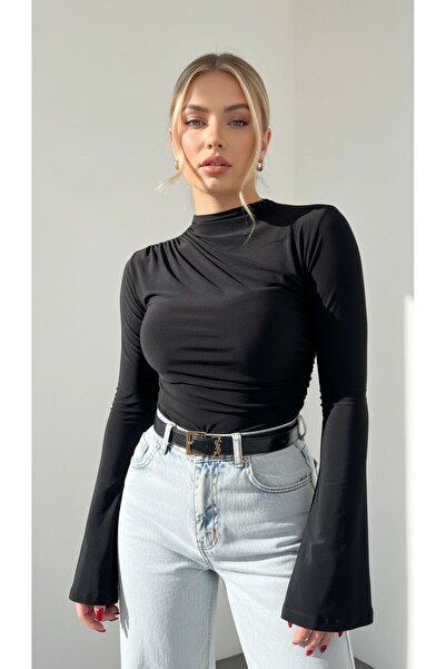 peri tower New Season Μαύρη άμμος μπλούζα με κορδόνι με ισπανικό μανίκι