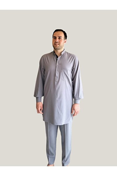 Beratnur Men's Hajj and Umrah Clothing Double Layer Top and Bottom Afghan Suit Gray