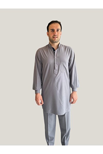 Beratnur Men's Hajj and Umrah Clothing Double Layer Top and Bottom Afghan Suit Gray