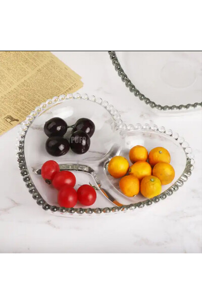 PUFO Heart glass bowl with 3 compartments for hazelnuts, pistachios, candies, snacks, 16 cm