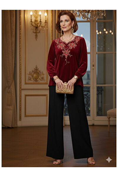 Namaste Vintage Bordo Renk Simli Işlemeli Kadife Vintage Bluz