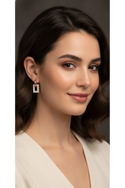 Papatya Silver 925 Ayar Gümüş Rose Kaplama Çift Figürlü Dikdörtgen Zirkon Taş...