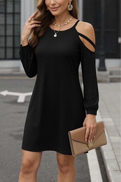 Genel Markalar Kadın Uzun Kollu Omuz Açık Askı Detay Viskon Mini Boy Elbise