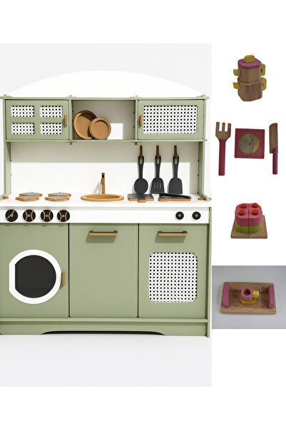 HOBBY HOUSE Ihlamur Black Children's Wooden Kitchen Set with Accessories, Teapot and Cake Set with Gift