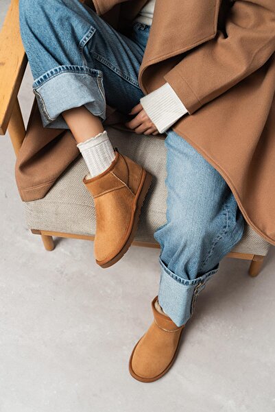 NİŞANTAŞI SHOES Μίνι καστόρινα μποτάκια με γούνινη επίπεδη σόλα γυναικεία παπούτσια