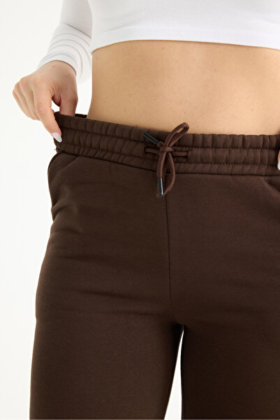veres Γυναικείο καφέ χειμερινό φλις παντελόνι με ραφές στα πόδια, φαρδύ παντελόνι