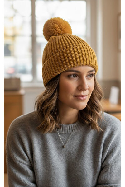 OnMyHead Yellow Braided Folded Pompom Beanie