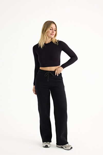 veres Γυναικείο μαύρο χειμερινό φλις παντελόνι με ραφές στο κάτω μέρος και φαρδύ πόδι