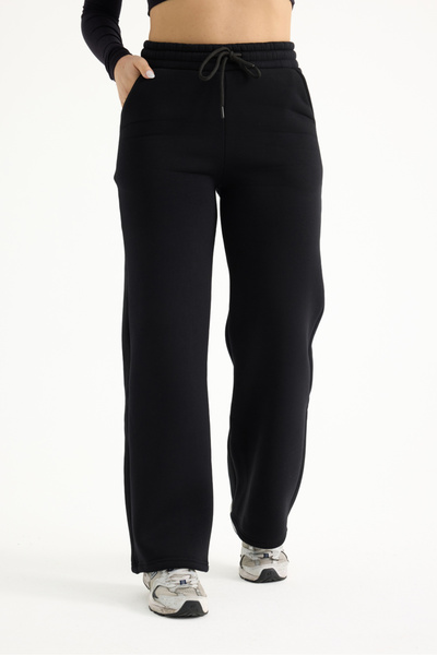 veres Γυναικείο μαύρο χειμερινό φλις παντελόνι με ραφές στο κάτω μέρος και φαρδύ πόδι