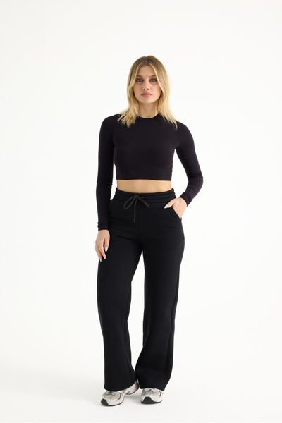 veres Γυναικείο μαύρο χειμερινό φλις παντελόνι με ραφές στο κάτω μέρος και φαρδύ πόδι