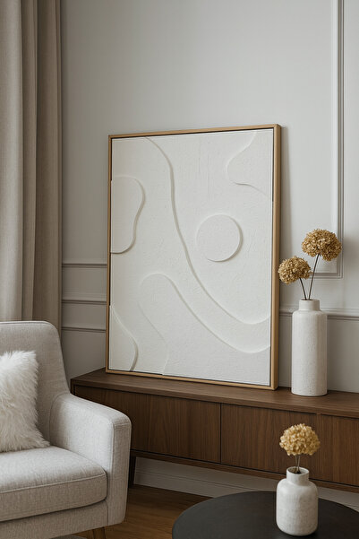 Lotus Home&More El Yapımı 3 Boyutlu Dokulu Alçı Ahşap Çerçeveli Tablo-Minimal Modern Duvar Dekoru