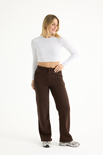 veres Γυναικείο καφέ χειμερινό φλις παντελόνι με ραφές στα πόδια, φαρδύ παντελόνι