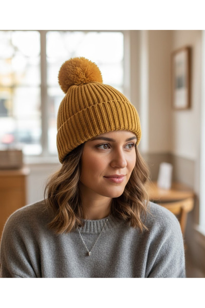 OnMyHead Mustard Color Braided Folded Pompom Beanie