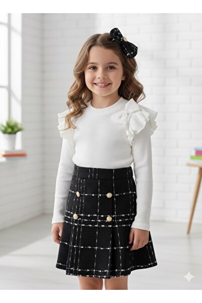 TREND NATURAL Girl and Baby Black Tweed Skirt White Bodysuit and Buckle 3 Years-8 Years