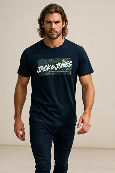 Jack & Jones Bisiklet Yaka Lacivert Erkek T-Shirt 12269324_JJHAWAII SHAPE TEE SS CREW