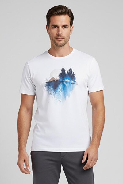Sabri Özel Beyaz Slim Fit %100 Pamuklu Baskılı Bisiklet Yaka Tişört