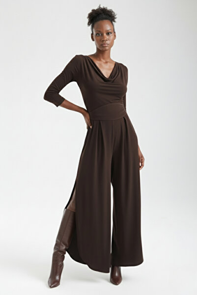 By Yaren Yazıcı Women's Coffee-Colored Degaje Collar Slit Detailing Self-Fabric Detachable Belt Jumpsuit Suitable for Day and Night