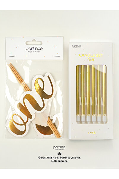 partince 2 Parça One Pasta Seti 1 Yaş Pasta Süsü Cake Topper Ve Gold Mum Doğu...