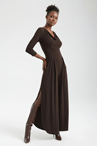 By Yaren Yazıcı Women's Coffee-Colored Degaje Collar Slit Detailing Self-Fabric Detachable Belt Jumpsuit Suitable for Day and Night