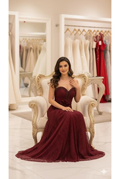 dantil Burgundy lace flower evening dress