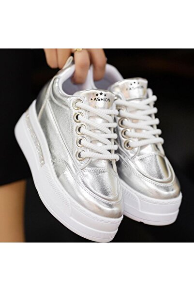 Zerenyus Lulu Thick Sole Laced Orthopedic Silver Patent Leather Women's Sports Shoes