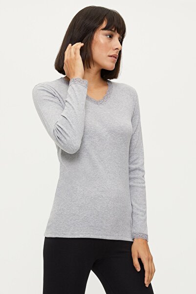 Bross Women's Lace Long Sleeve Gray Undershirt 1033