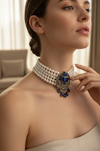 FAYRA ACCESSORIES Kristal Taşlı Su Damlası Sallantılı İnci Chooker Kolye