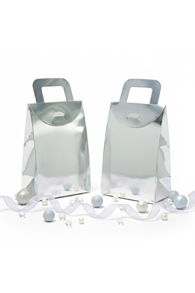 repro design Gümüş Metalize 10 X 15 X 5,5Cm Büyük Boy Çanta Model Hediyelik,  Kına Çerez Ve Hediye Kutusu 10 Adet