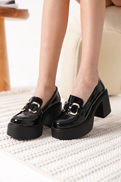 Zerenyus Felice Premium Чорні лофери на підборах з золотою пряжкою для жінок