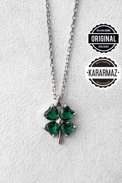 Jewelmim Yeşil 4 Yapraklı Yonca Gümüş Kolye 18 Ayar Beyaz Altın Kaplama 925 A...