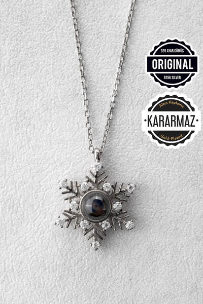 Jewelmim Yüz 100 Dilde Seni Seviyorum Yazan 18 Ayar Beyaz Altın Kaplama 925 Ayar Kadın Gümüş Kar Tanesi Kolye