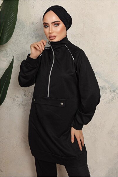 TRENDTESETTÜR KADIN SİYAH FERMUARLI İKİLİ PANTOLONLU TAKIM T 8143