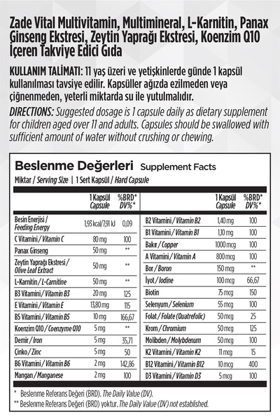 Zade Vital Multivitamin 30 Capsules Containing 13 Vitamins and 9 Minerals