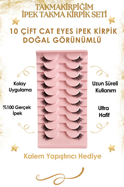 Takmakirpiğim 10 Çift Doğal Cat Eye Kedi Göz Takma İpek Kirpik Powerliner Şeffaf Kalem Yapıştırıcı