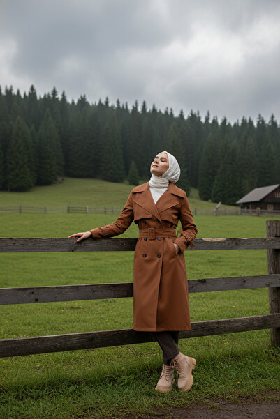 Zeneva Collection Taba - %100 Pamuk Uzun (110CM) Astarlı Kadın Tesettür Trenç...