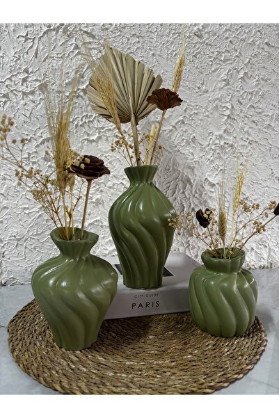 Zigzag Home Decorative Bohemian Style 3 Piece Twist Art Vase Set Flower Vase Figurine Set Green Color