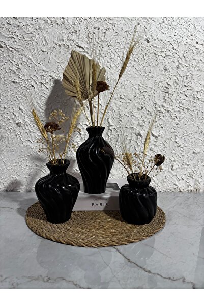 Zigzag Home Decorative Bohemian Style 3 Piece Twist Art Vase Set Flower Vase Figurine Set Black Color
