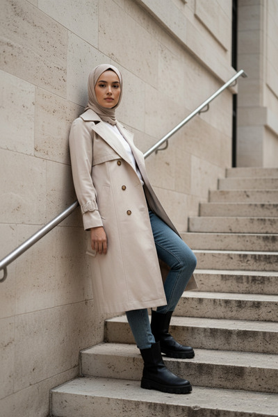 Zeneva Collection Taş Rengi - %100 Pamuk Uzun (110CM) Astarlı Kadın Tesettür ...