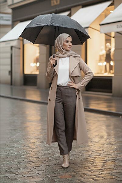 Zeneva Collection Yeni Bej - %100 Pamuk Uzun (110CM) Astarlı Kadın Tesettür Trençkot 1111-TES