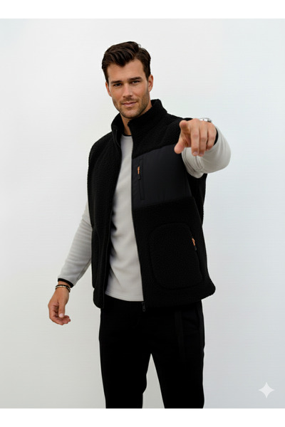 OXVİN Furry Plush Vest Woolen Lamb Welsoft Bone Zipper Pocket Detail (Full Size)