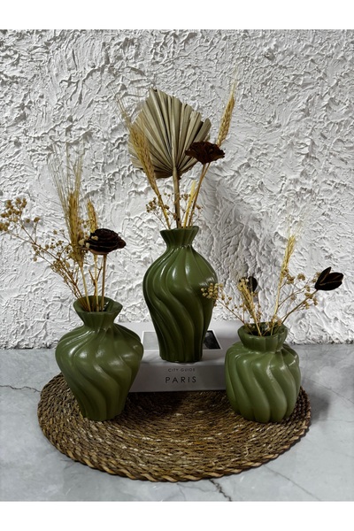Zigzag Home Decorative Bohemian Style 3 Piece Twist Art Vase Set Flower Vase Figurine Set Green Color