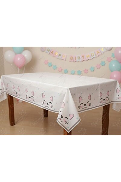 VELONZAL Miss Cat Temalı Kullan At Plastik Masa Örtüsü-Doğum Günü-Kutlama-Par...