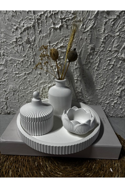 Zigzag Home Set decorativ de 4 bucăți de suport pentru lumânări, tavă cu dungi, suport pentru lumânări Lotus, set de cutie cu capac pentru vază Pampas