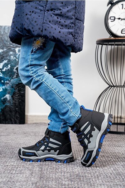 ALTUNTAŞ Unisex Παιδική αντιολισθητική σόλα Ζεστή επένδυση Χειμερινές μπότες εξωτερικού χώρου Velcro - Μαύρο Μπλε