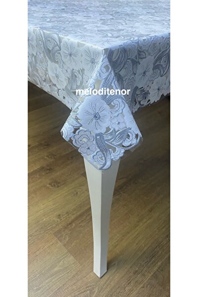 SALMAN Şeffaf kaplama beyaz çiçekli yaprak desen kaymaz pvc muşamba masa örtüsü