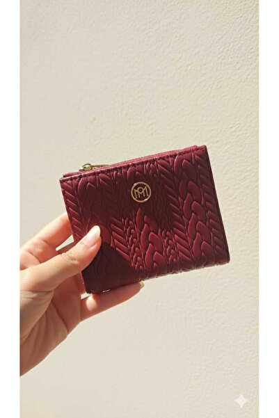 Uzs pace Embossed Knitted Detailed Medium Size Zippered Faux Leather Wallet Burgundy