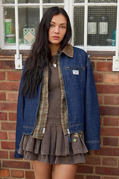 september island Dark Navy Velvet Collar Detailed Denim Oversize Lined Coat