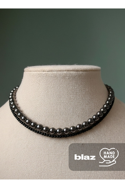 Handmade El Yapımı Siyah Metalik Boncuklu Çift Sıra ve Sarmal Choker Gotik Kolye