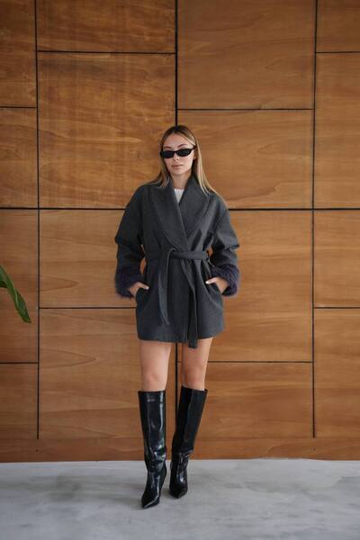 MAXXANA Feather Detailed Belted Shawl Collar Jacket